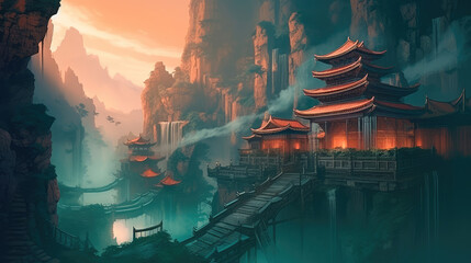 Ancient Chinese temple deep gorge. Generative AI