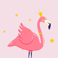 Postcard withCute Glamour Pink Flomingo in gold crown. Summer. Art. Vector. 