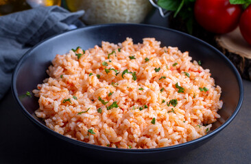 Traditional delicious Turkish food; rice pilaf with tomatoes (Turkish name; Domatesli pirinc pilavi)
