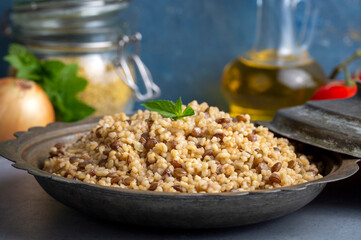 Traditional delicious Turkish foods; bulgur pilaf with green lentils (Turkish name; yesil mercimekli bulgur pilavi)