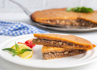 Traditional food of Antakya - Turkey, oruk in the tray. (Turkish name; Tepside icli kofte, tepside oruk, tepsi orugu, sini kofte) Hatay Oruk food.