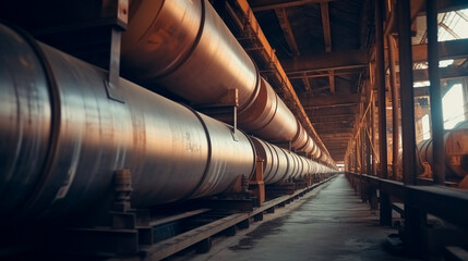 Industry pipeline transport petrochemical, gas and oil processing, furnace factory line, rack of heat chemical manufacturing, equipment steel pipes plant. Generative AI