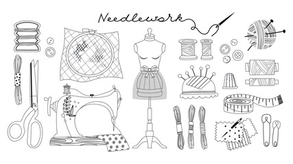 Needlework black and white set. Collection of minimalistic elements for site. Needles, mannequin and sewing machine. Atelier and tailor. Cartoon flat vector illustrations isolated on white background - obrazy, fototapety, plakaty