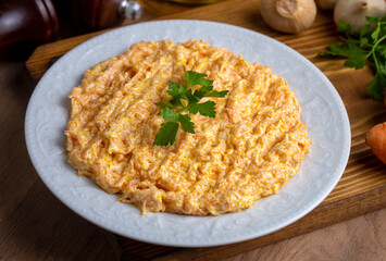 Traditional delicious Turkish foods; Fresh carrot salad with garlic yogurt in bowl. ( Turkish name; havuc tarator)
