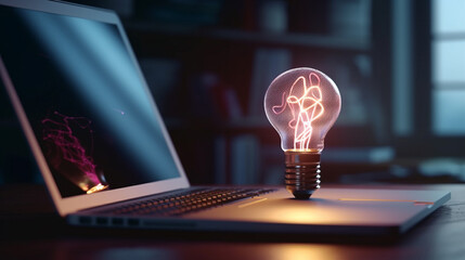 The light bulb is on in front of the laptop. Generative AI