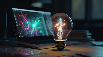 The light bulb is on in front of the laptop. Generative AI