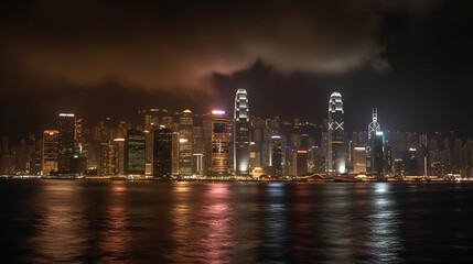 Fototapeta premium Modern metropolis across the sea at night. Generative AI