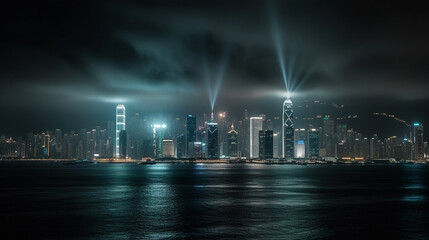 Modern metropolis across the sea at night. Generative AI