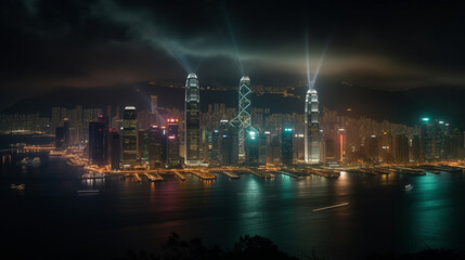Fototapeta na wymiar Modern metropolis across the sea at night. Generative AI