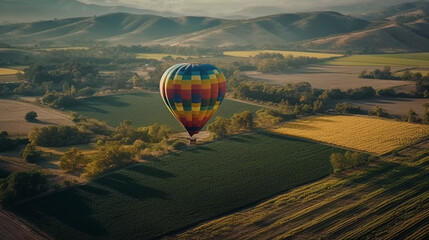 Colorful hot air balloon over the fields. Generative AI