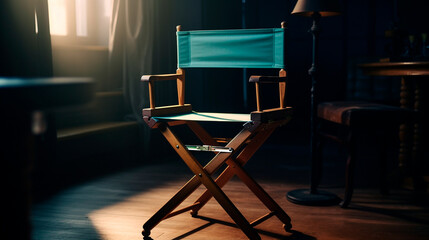 The director's chair stands in a beam of light with an backlight. free chair. Concept of selection and casting. Shadow and light. Generative AI