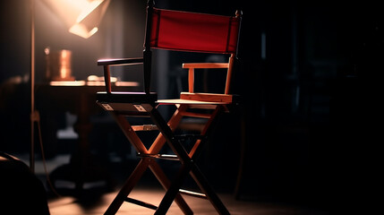 The director's chair stands in a beam of light with an backlight. free chair. Concept of selection and casting. Shadow and light. Generative AI