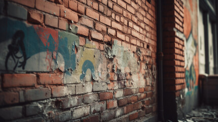 Weathered brick wall with peeling paint. Generative AI