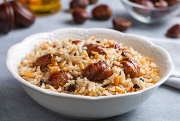 Traditional delicious Turkish food; chestnut rice pilaf (Turkish name; kestaneli pilav)