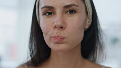 Closeup girl rinsing mouth at bathroom. Pov video relaxed lady using mouthwash Generative AI