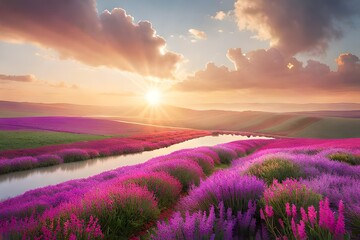 Plakat lavender fields in the sunset 