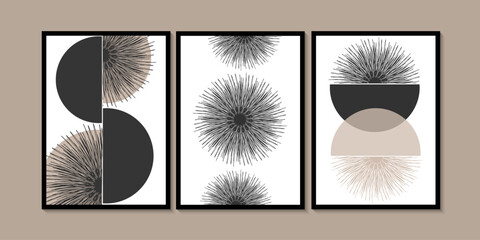 Soft gray and cream minimalist wall art. Simple round line style. Geometric shapes and circles. Modern creative pattern.