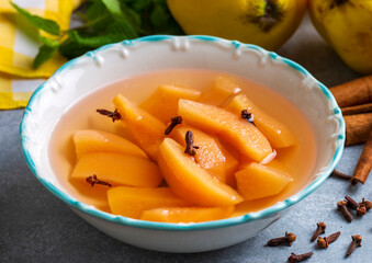 Quince compote. Compote or compote is a type of dessert prepared by boiling fruits with sugar water. Turkish name; ayva kompostosu