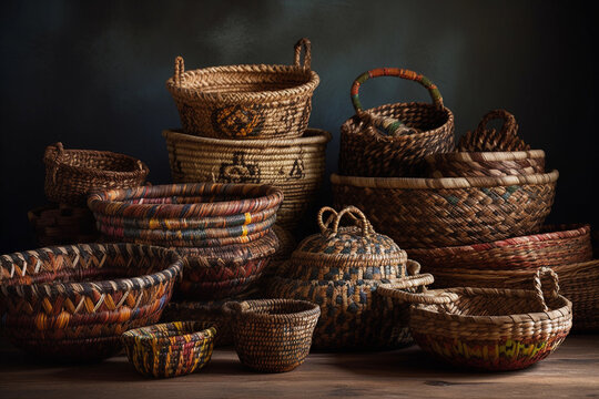 traditional handmade woven baskets in various sizes. generative AI