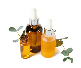 Bottles with cosmetic oil and eucalyptus branch on white background