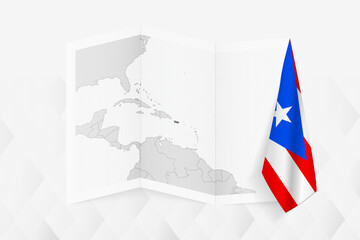 A grayscale map of Puerto Rico with a hanging Puerto Rico flag on one side. Vector map for many types of news.
