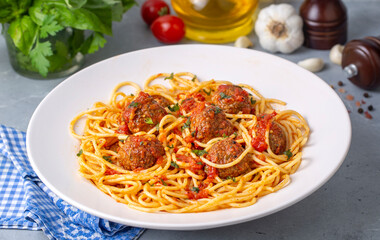 Spaghetti with meatballs and tomato sauce, Italian pasta