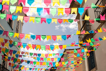 Streets of Pelourinho are decorated with colorful flags for the feast of Sao Joao