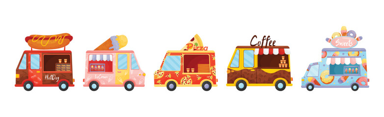 Food Truck or Van Selling Hot Dog, Ice Cream, Pizza, Coffee and Sweets Vector Set