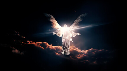 Angel flying from earth to heaven giving light in the darkness, God, Way to heaven, Creative artwork. Generative AI