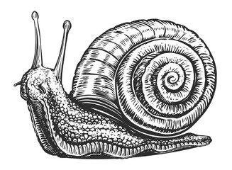 Snail with shell. Invertebrate animal in vintage engraving style. Hand drawn sketch illustration