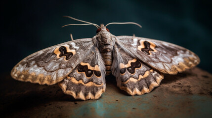 Beautiful moth with spread wings on gray background. Generative AI