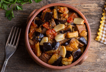 Traditional Turkish cuisine; Meaty Eggplant Dish. Turkish name; patlican guvec or patlican tava
