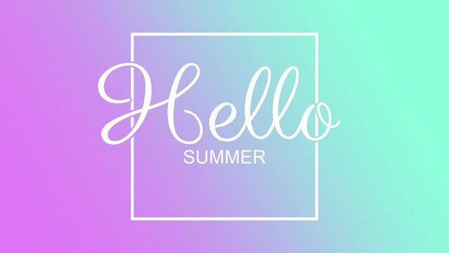 Hello Summer on purple and blue gradient with elegance frame, motion promotion, summer and retro style background