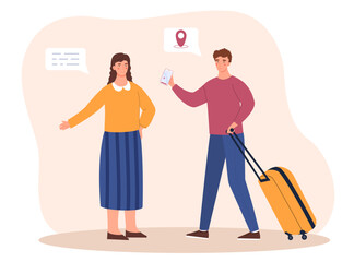 Man asking way. Young guy with luggage and smartphone approaches girl with question. Navigation and geolocation, gps and route. Tourist and traveler concept. Cartoon flat vector illustration