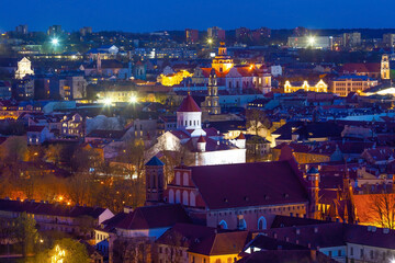 Night Vilnius. Old town at night. Houses and churches in the center of Vilnius