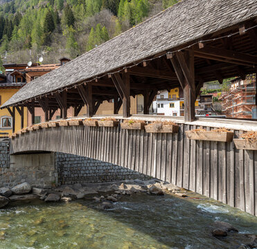 Wooden Cover Bridge in Pellizzano, Sole Valley, Trentino-Alto Adige, Italy