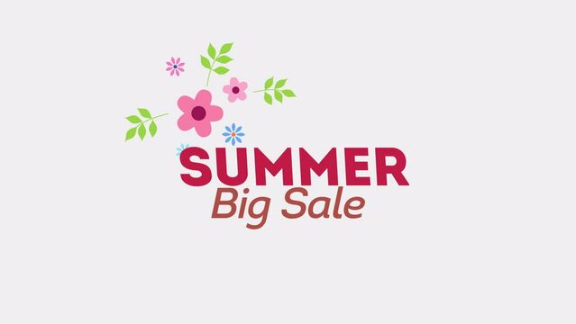 Summer Big Sale with colorful cartoon flowers on white gradient, motion promotion, summer and retro style background