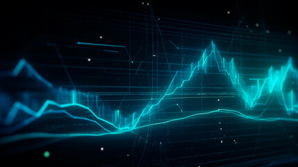 Financial graphs, glowing lines and diagram on digital screen. Trading market and economic concept. Financial crisis and inflation. Generative AI