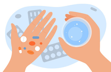 Hands holding pills. Character takes pills and drinks them with water. Treatment and fight against viruses. Man or woman with medicines. Antibiotic or painkiller. Cartoon flat vector illustration - obrazy, fototapety, plakaty