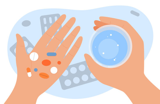 Hands holding pills. Character takes pills and drinks them with water. Treatment and fight against viruses. Man or woman with medicines. Antibiotic or painkiller. Cartoon flat vector illustration