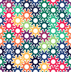 Multicolored circles with sun-shaped rays in red, blue, yellow, and green on white background. Seamless geometric pattern. Abstract mechanical gears. Vector decorative image for textile and wrapping.