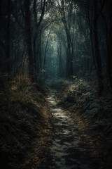 Obraz premium Dark forest, with a path in the middle, horror ambient, trees on the side. AI generative
