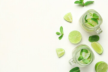 Mason jars of tasty mojito and ingredients on light background
