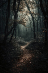 Fototapeta premium Dark forest, with a path in the middle, horror ambient, trees on the side. AI generative