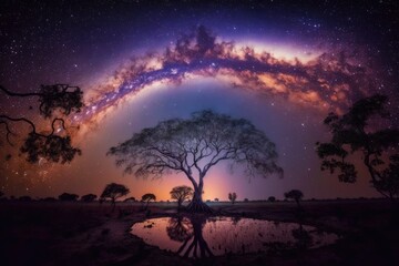 Fototapeta na wymiar lone tree standing under a starry night sky in a vast field. Generative AI Generative AI
