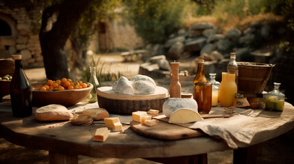 Outdoor rustic table with cheese, wine and olive oil in an italian scenery. food. traditional food. picnic. Table with plates and bottles. Italian landscape. Cheese platter. Generative AI