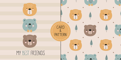 Seamless childish pattern with cute bear, trees and dots. Three cute bears with a quote are My best friends. Animal seamless background. Scandinavian style element for t-shirt print © Елена Сорокина