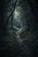Naklejka premium Dark forest, with a path in the middle, horror ambient, trees on the side. AI generative