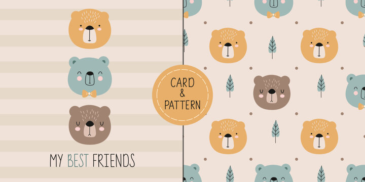 Seamless childish pattern with cute bear, trees and dots. Three cute bears with a quote are My best friends. Animal seamless background. Scandinavian style element for t-shirt print