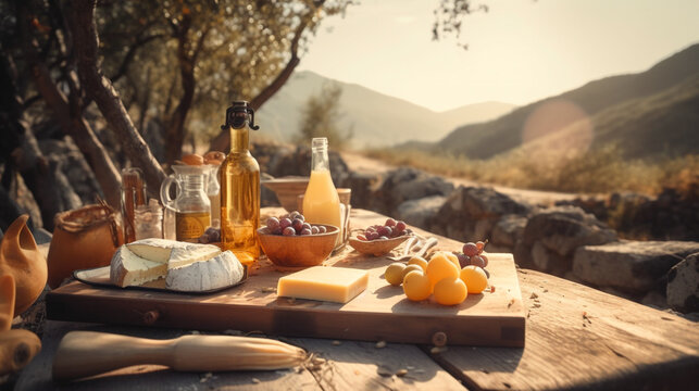 Outdoor rustic table with cheese, wine and olive oil in an italian scenery. food. traditional food. picnic. Table with plates and bottles. Italian landscape. Cheese platter. Generative AI